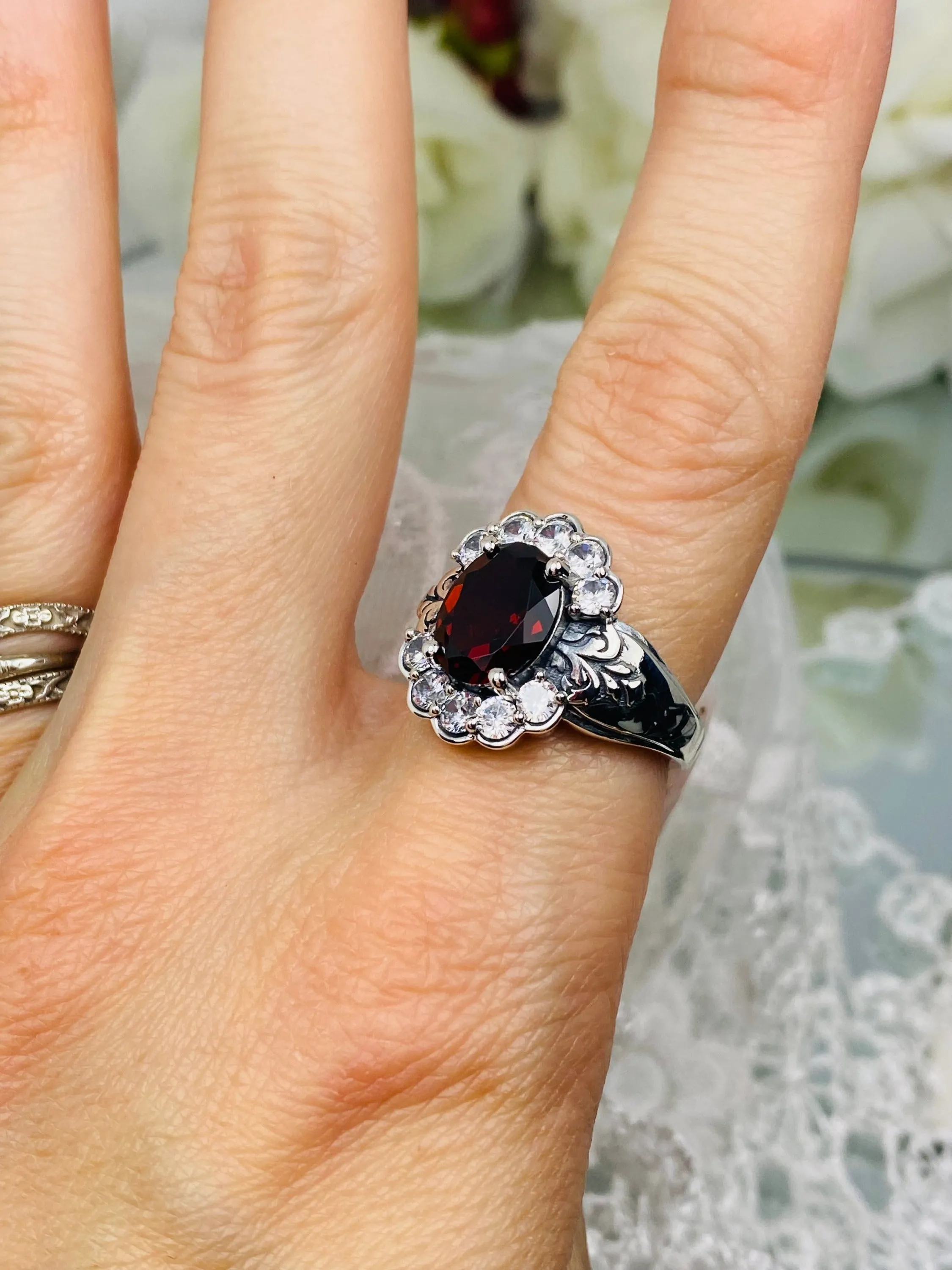 Natural Garnet Ring, Size 7, Oval Gemstone & White CZ Starburst Victorian Filigree, D419 - Ready to ship
