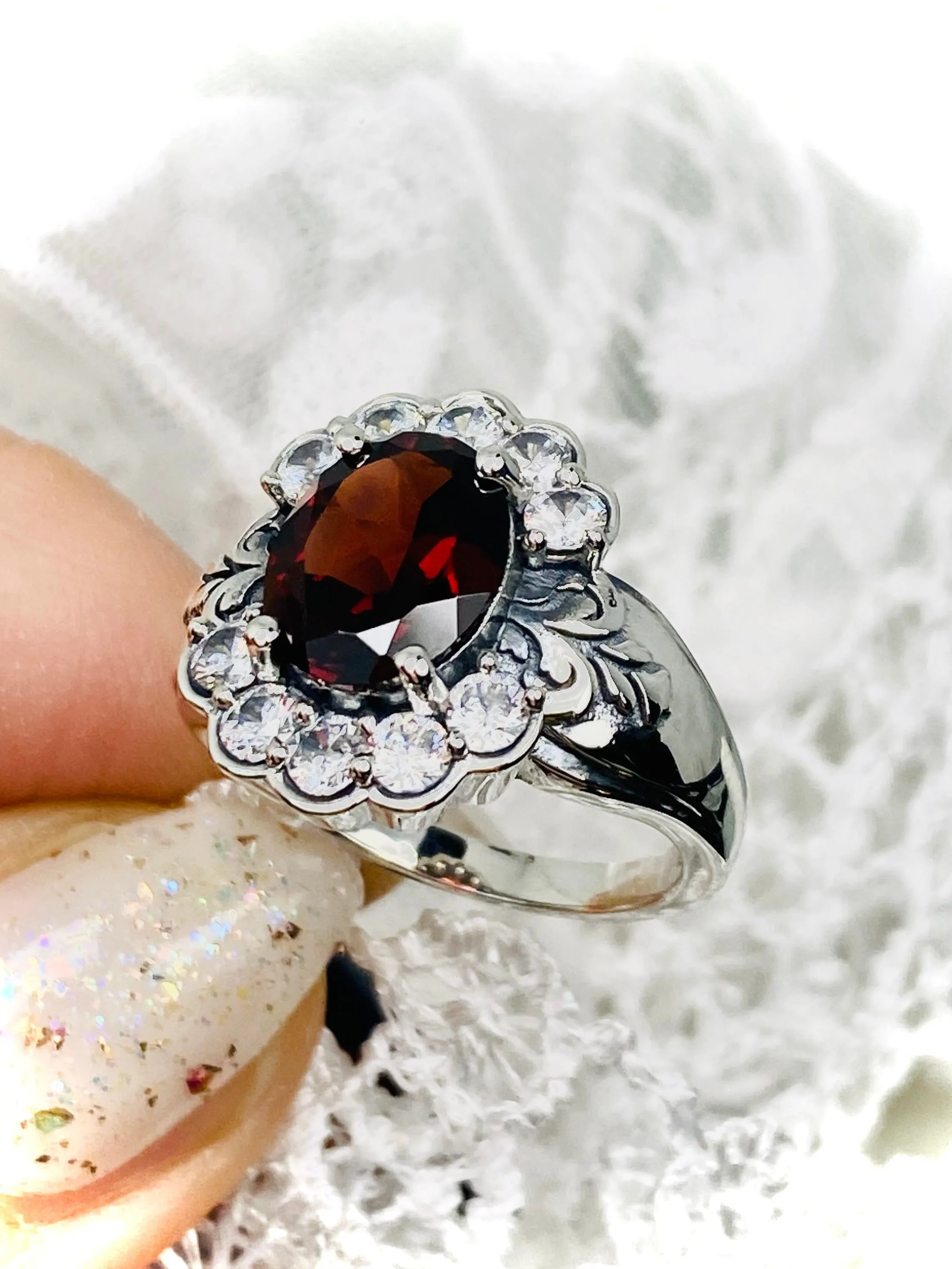 Natural Garnet Ring, Size 7, Oval Gemstone & White CZ Starburst Victorian Filigree, D419 - Ready to ship