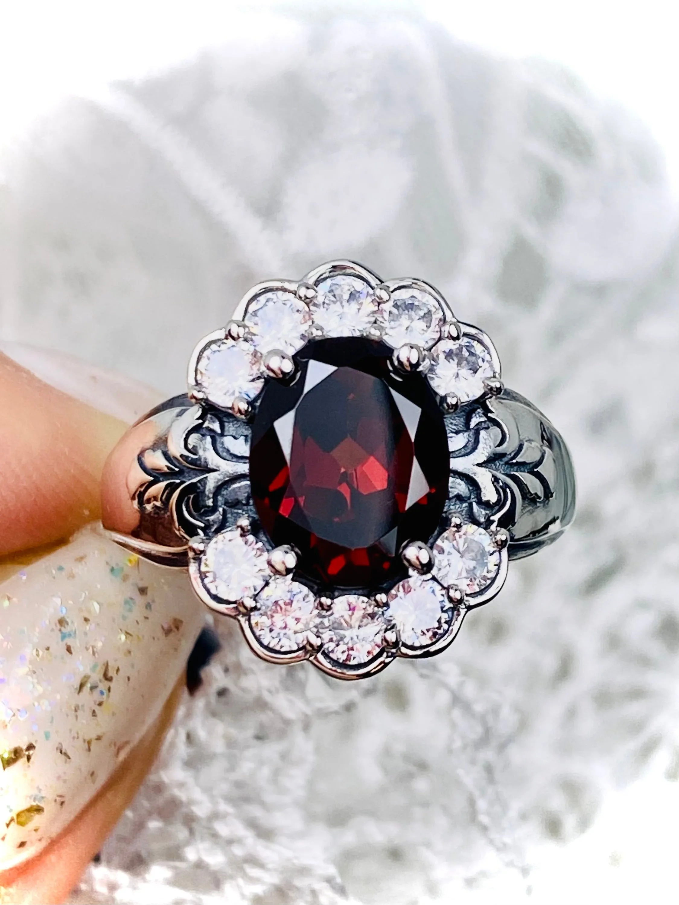 Natural Garnet Ring, Size 7, Oval Gemstone & White CZ Starburst Victorian Filigree, D419 - Ready to ship
