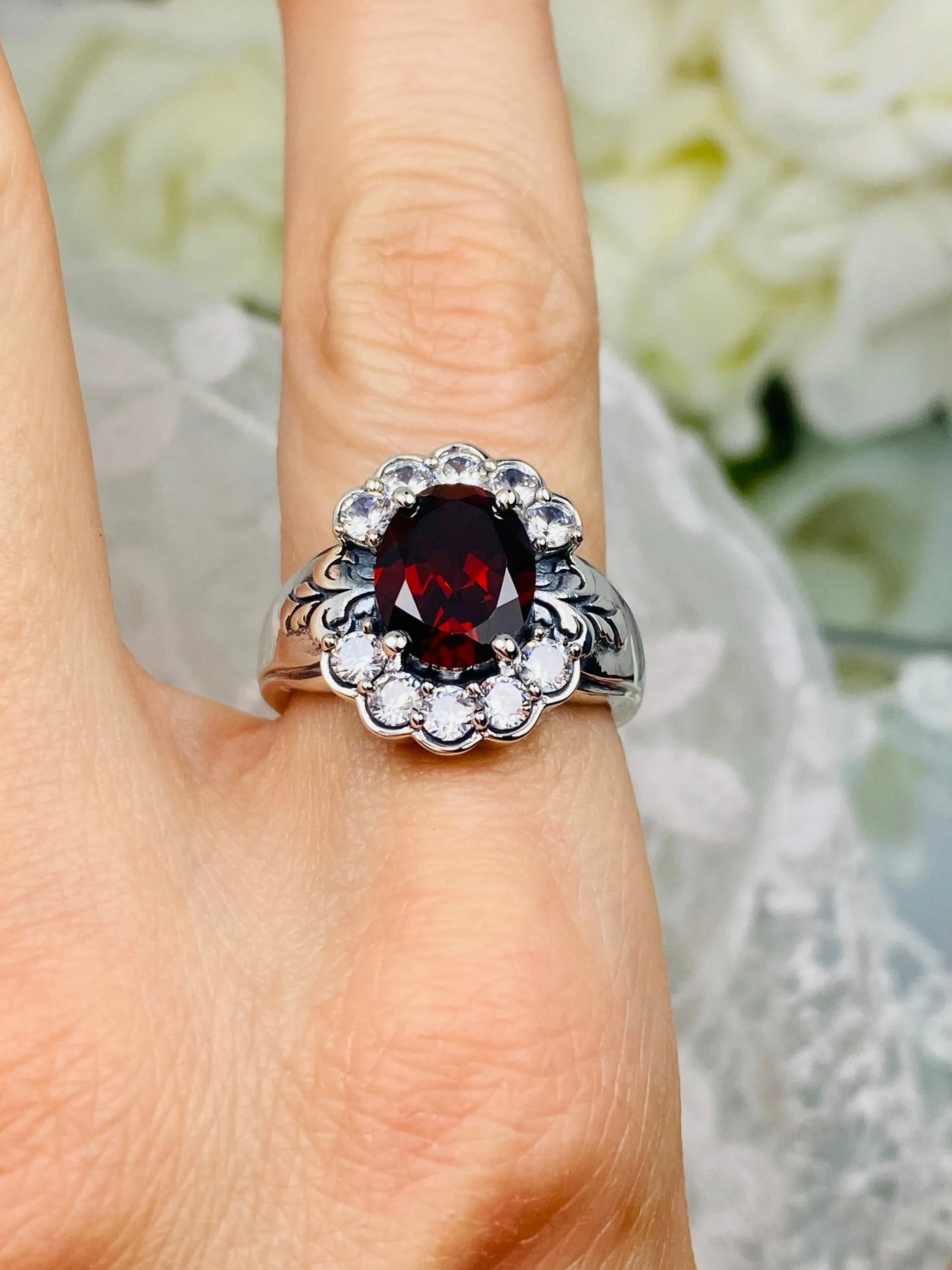 Natural Garnet Ring, Size 7, Oval Gemstone & White CZ Starburst Victorian Filigree, D419 - Ready to ship