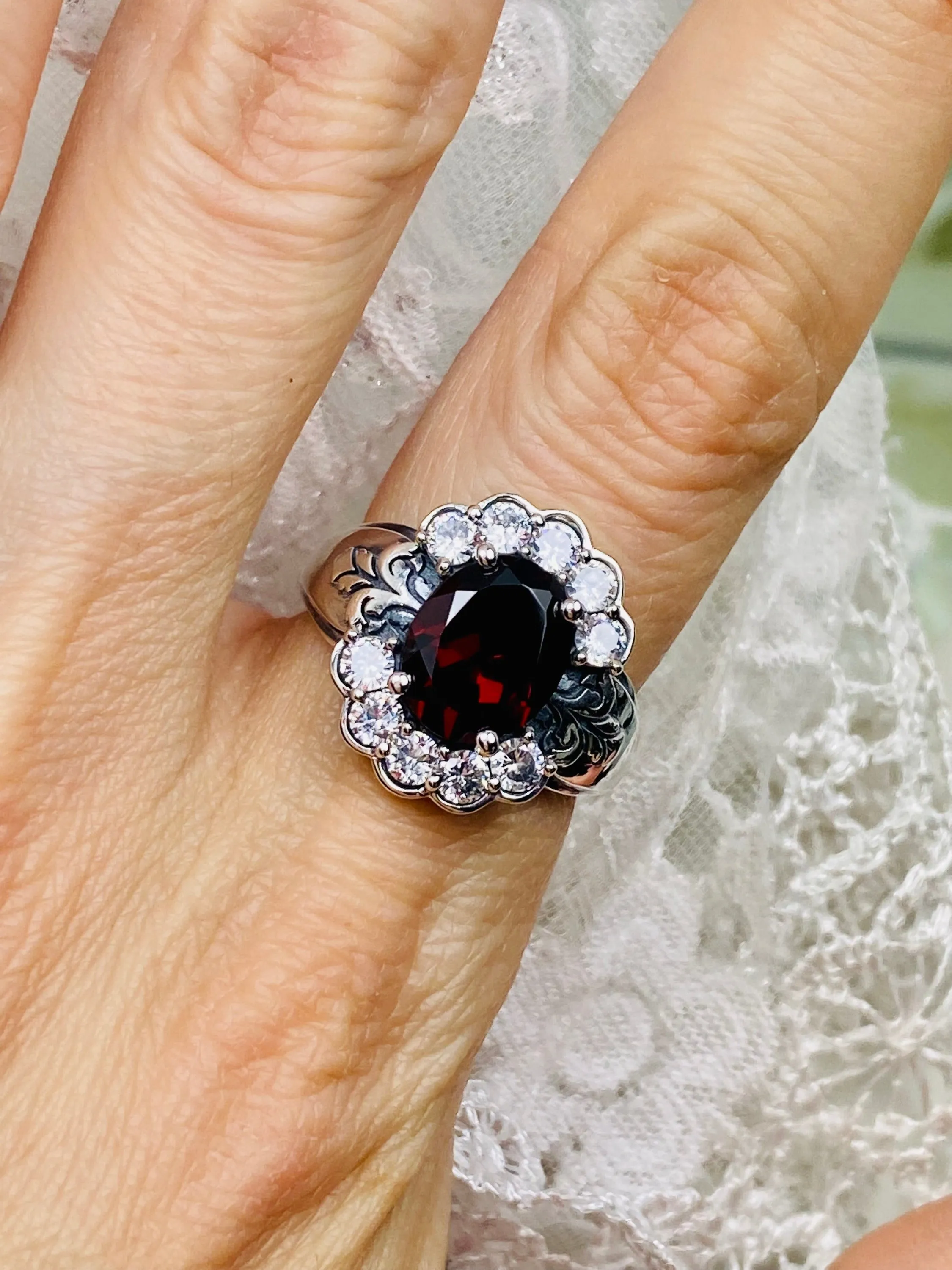 Natural Garnet Ring, Size 7, Oval Gemstone & White CZ Starburst Victorian Filigree, D419 - Ready to ship