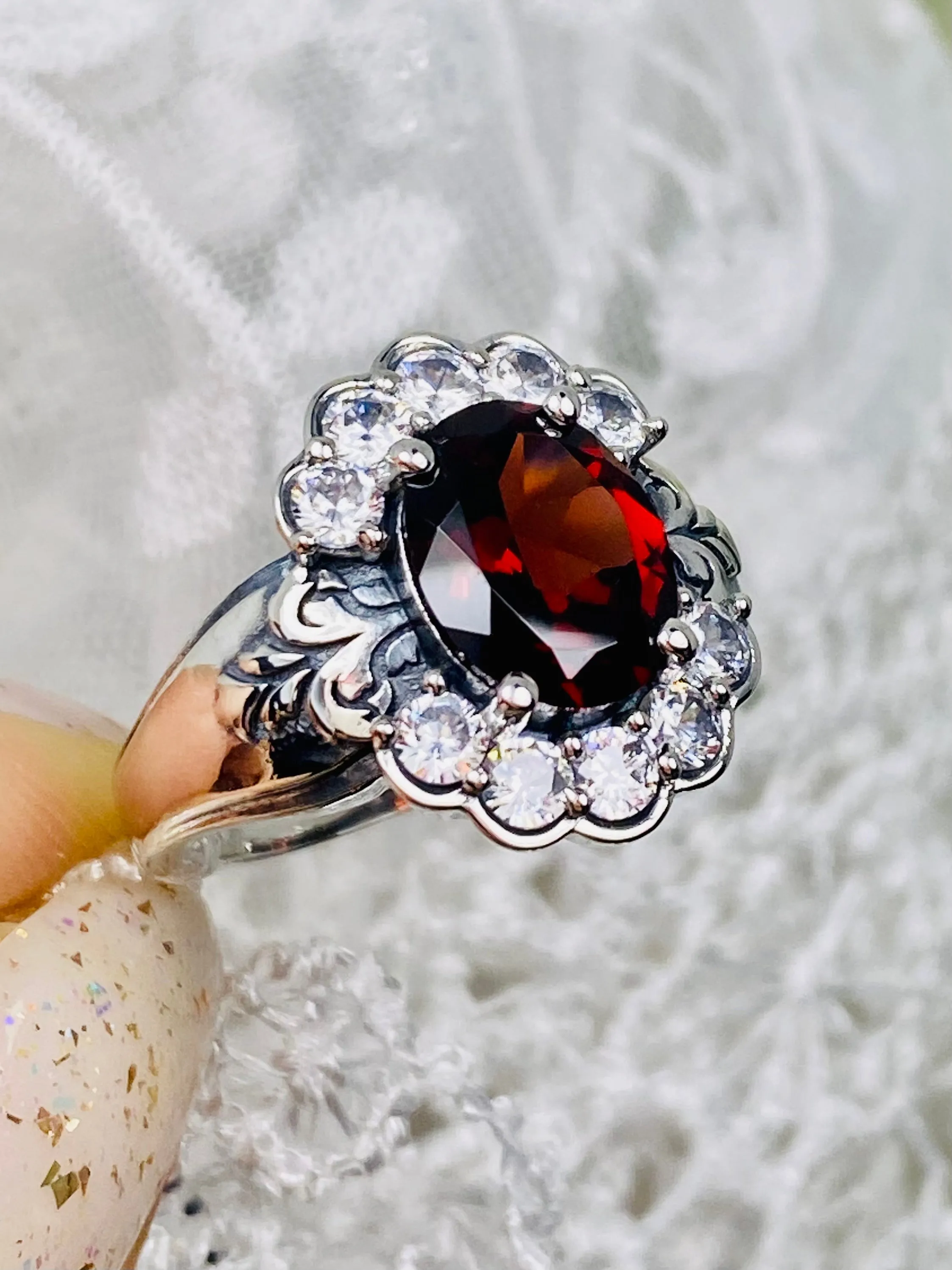Natural Garnet Ring, Size 7, Oval Gemstone & White CZ Starburst Victorian Filigree, D419 - Ready to ship