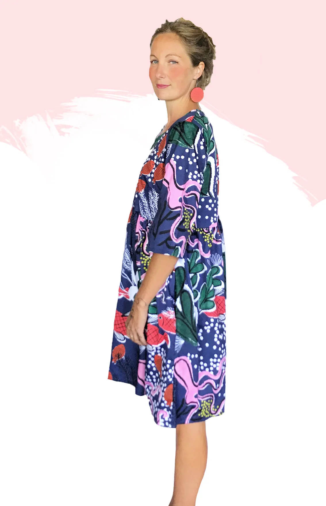 Navy Sea 100% Organic Cotton Pleated  Dress