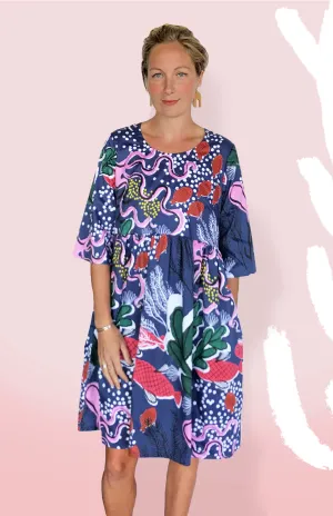 Navy Sea 100% Organic Cotton Pleated  Dress