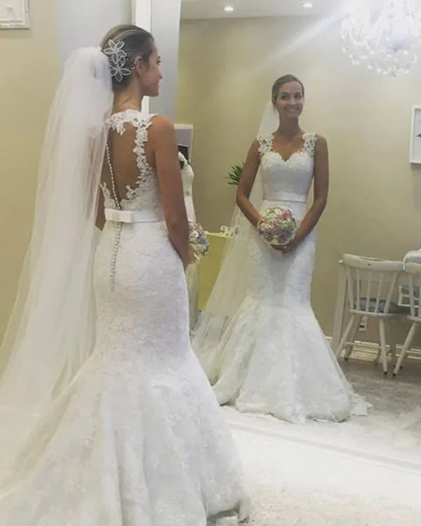 New Arrival Mermaid Lace Wedding Dresses with Satin Belt Sleeveless Beach Trumpet Wedding Gown