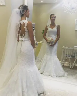 New Arrival Mermaid Lace Wedding Dresses with Satin Belt Sleeveless Beach Trumpet Wedding Gown