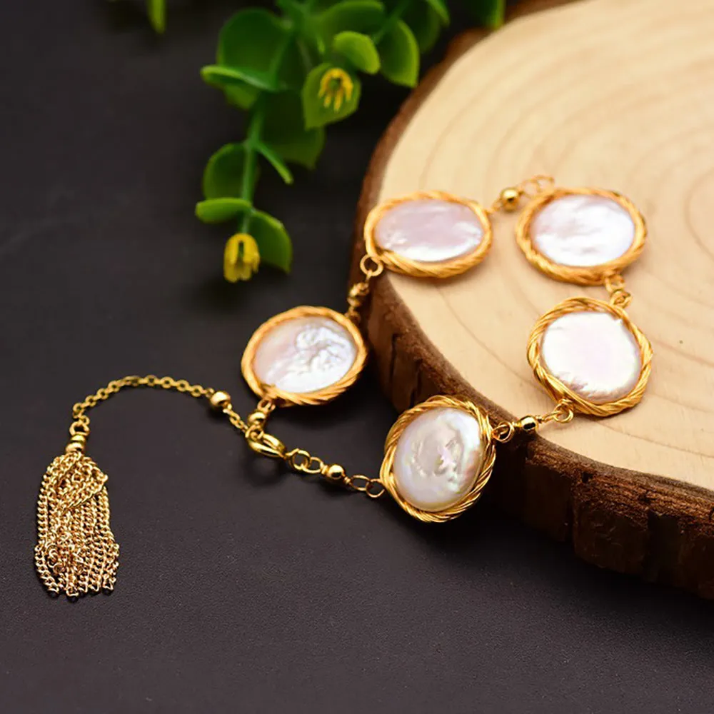 Oblate Round Baroque Natural Freshwater Pearl Bracelet Woman Fashion Jewelry