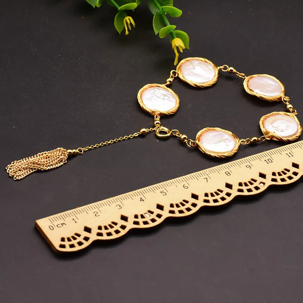 Oblate Round Baroque Natural Freshwater Pearl Bracelet Woman Fashion Jewelry