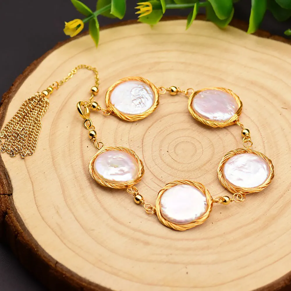 Oblate Round Baroque Natural Freshwater Pearl Bracelet Woman Fashion Jewelry