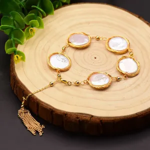 Oblate Round Baroque Natural Freshwater Pearl Bracelet Woman Fashion Jewelry