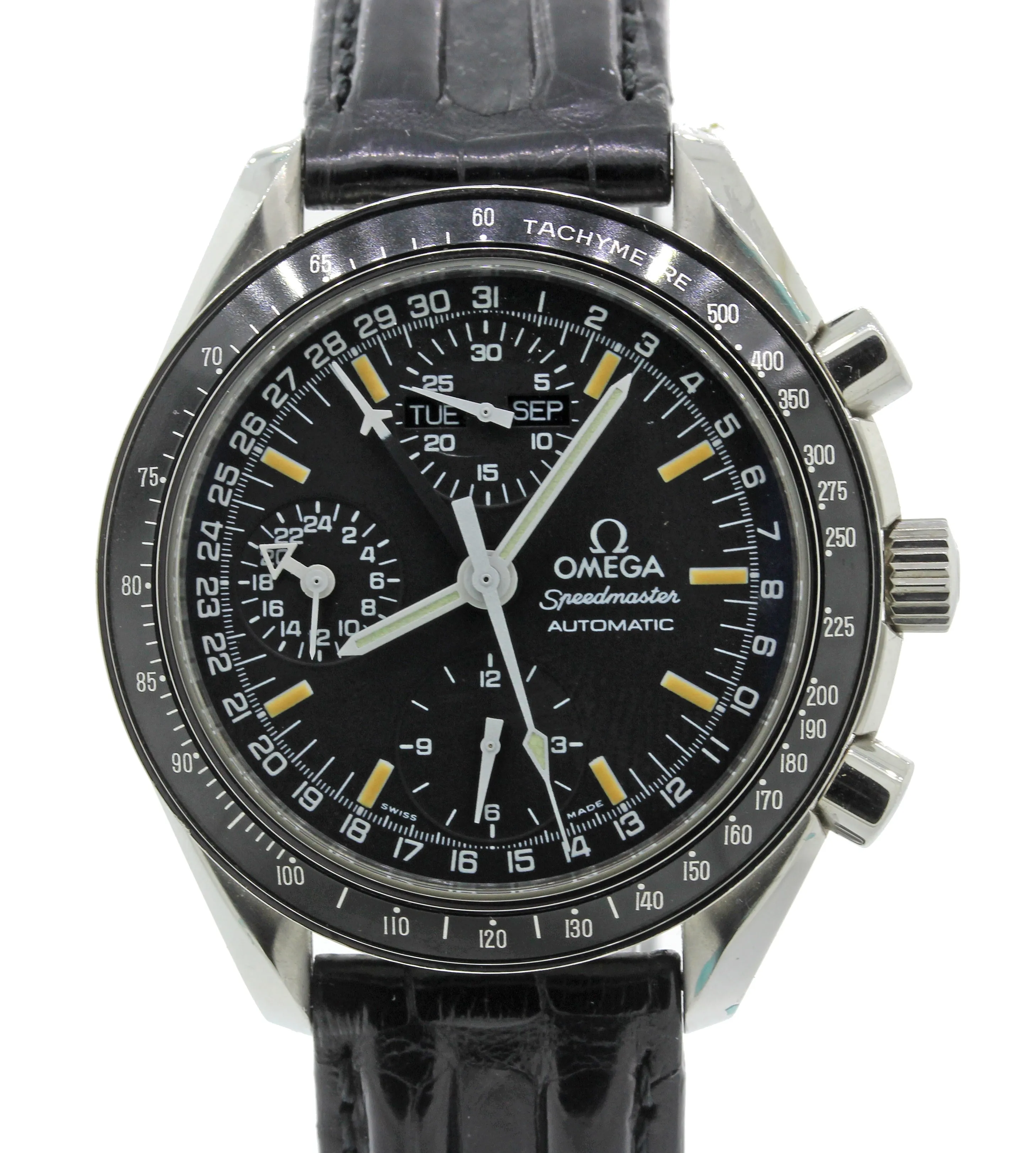 Omega Speedmaster Triple Date Black Chronograph 3820.50 39mm Steel Watch wBox J8