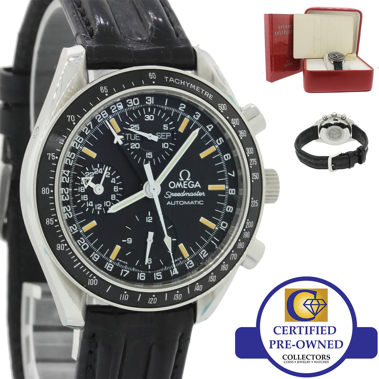 Omega Speedmaster Triple Date Black Chronograph 3820.50 39mm Steel Watch wBox J8