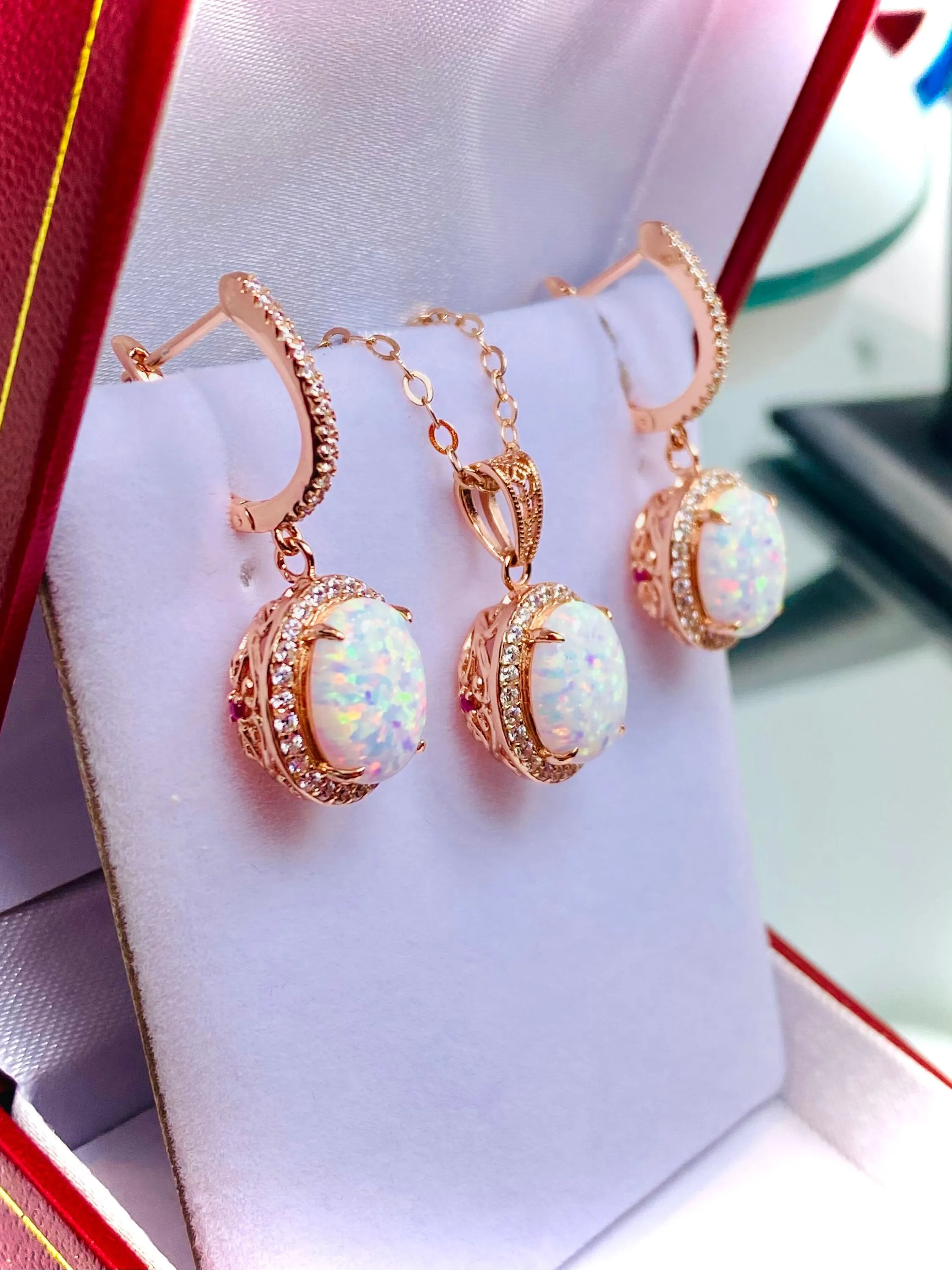 Opal Earrings, Halo Art Deco Earrings or Jewelry Set, Rose Gold Filigree #E228