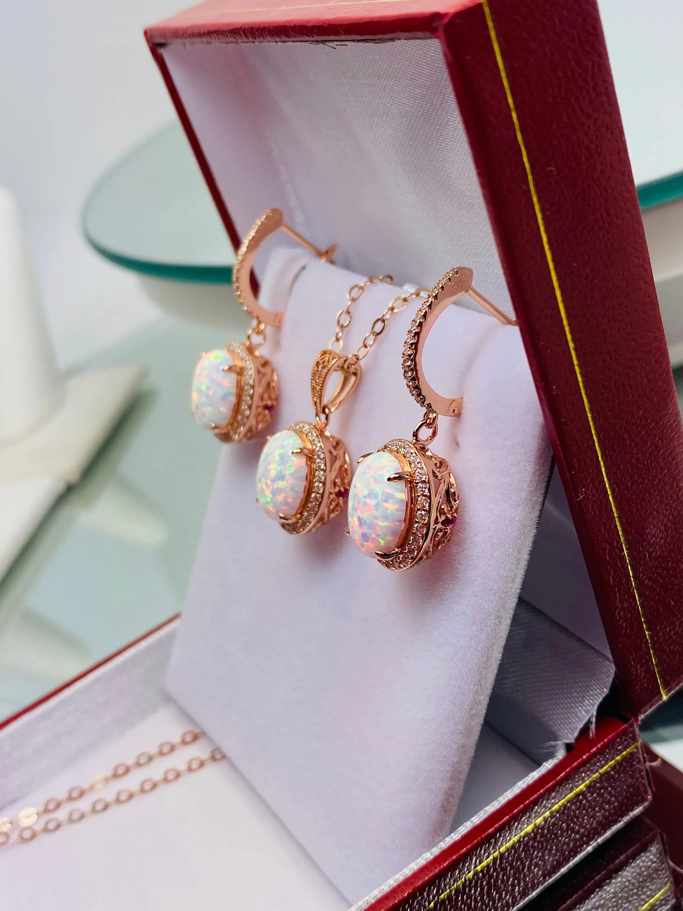 Opal Earrings, Halo Art Deco Earrings or Jewelry Set, Rose Gold Filigree #E228