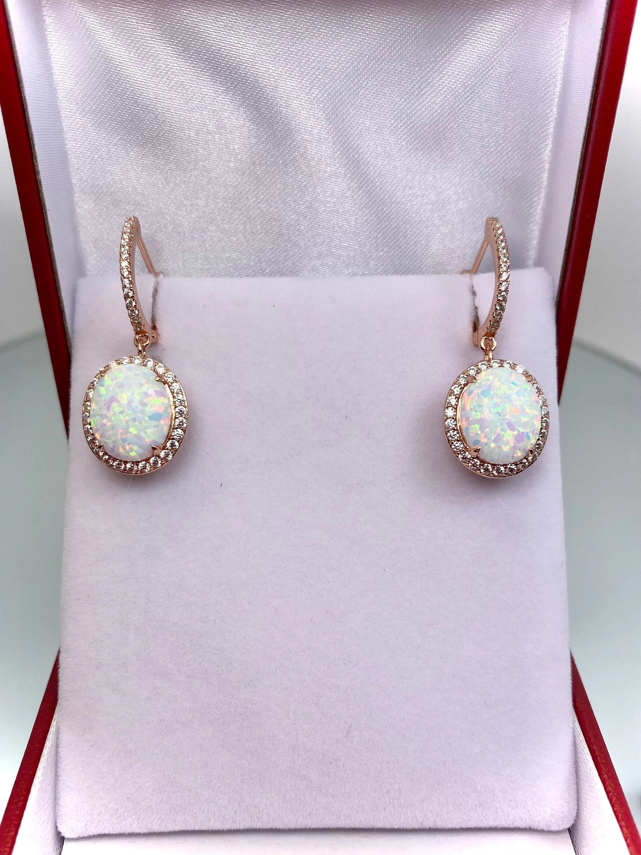Opal Earrings, Halo Art Deco Earrings or Jewelry Set, Rose Gold Filigree #E228
