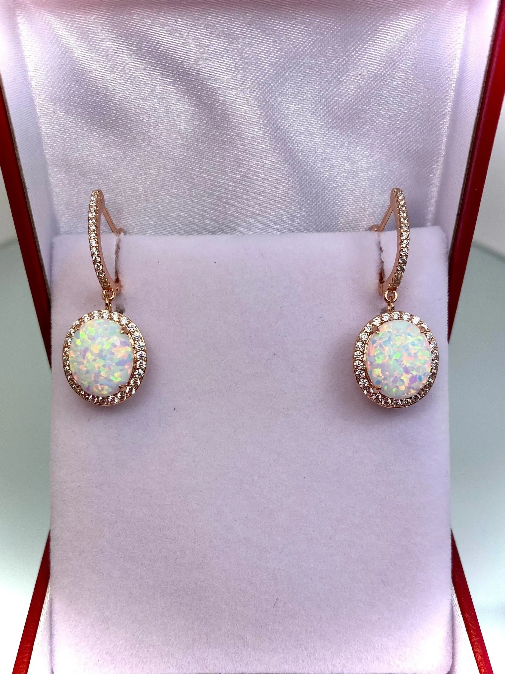 Opal Earrings, Halo Art Deco Earrings, Rose Gold Filigree #E228