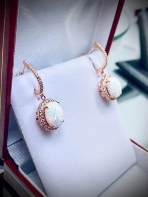 Opal Earrings, Halo Art Deco Earrings, Rose Gold Filigree #E228