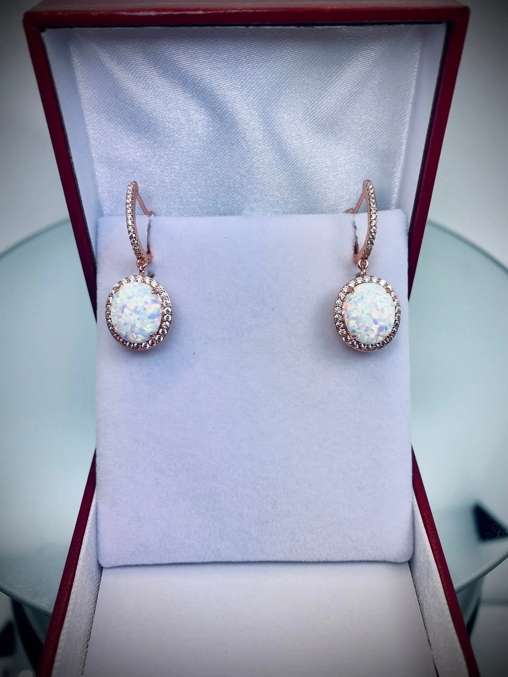 Opal Earrings, Halo Art Deco Earrings, Rose Gold Filigree #E228
