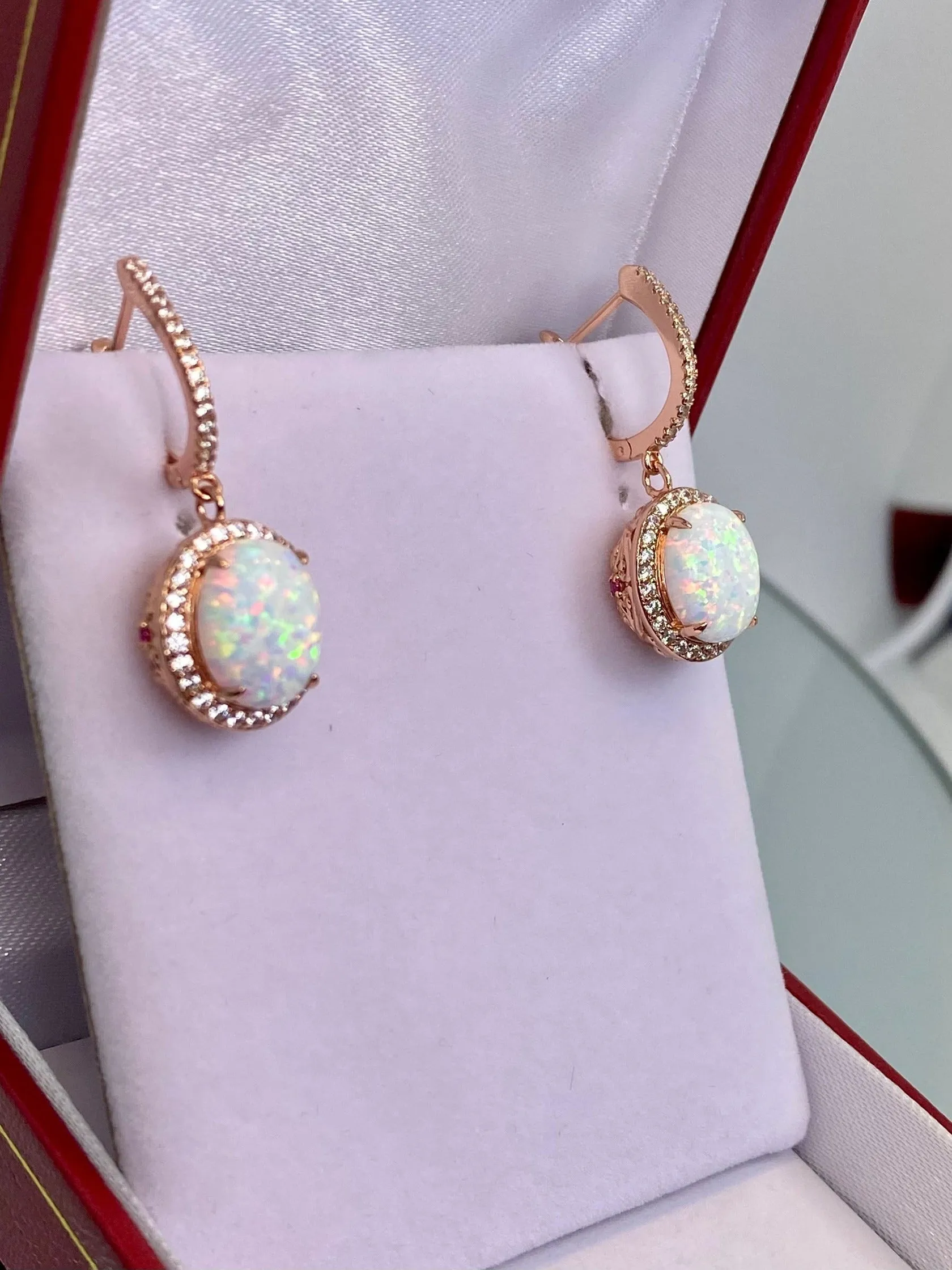 Opal Earrings, Halo Art Deco Earrings, Rose Gold Filigree #E228