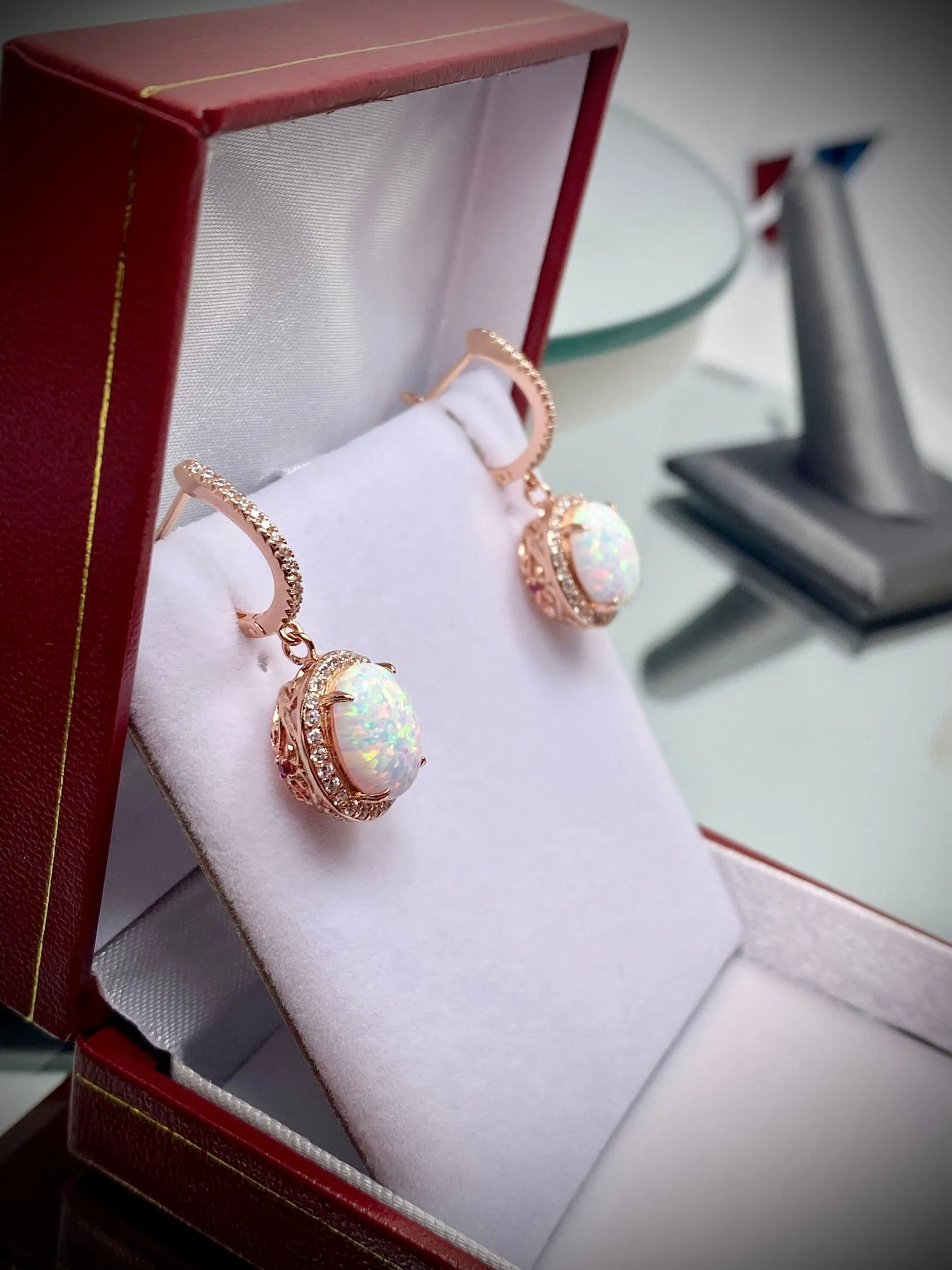 Opal Earrings, Halo Art Deco Earrings, Rose Gold Filigree #E228