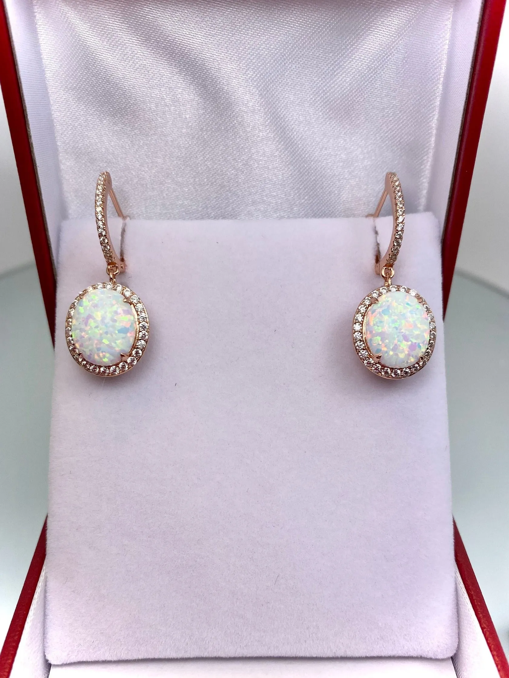Opal Earrings, Halo Art Deco Earrings, Rose Gold Filigree #E228