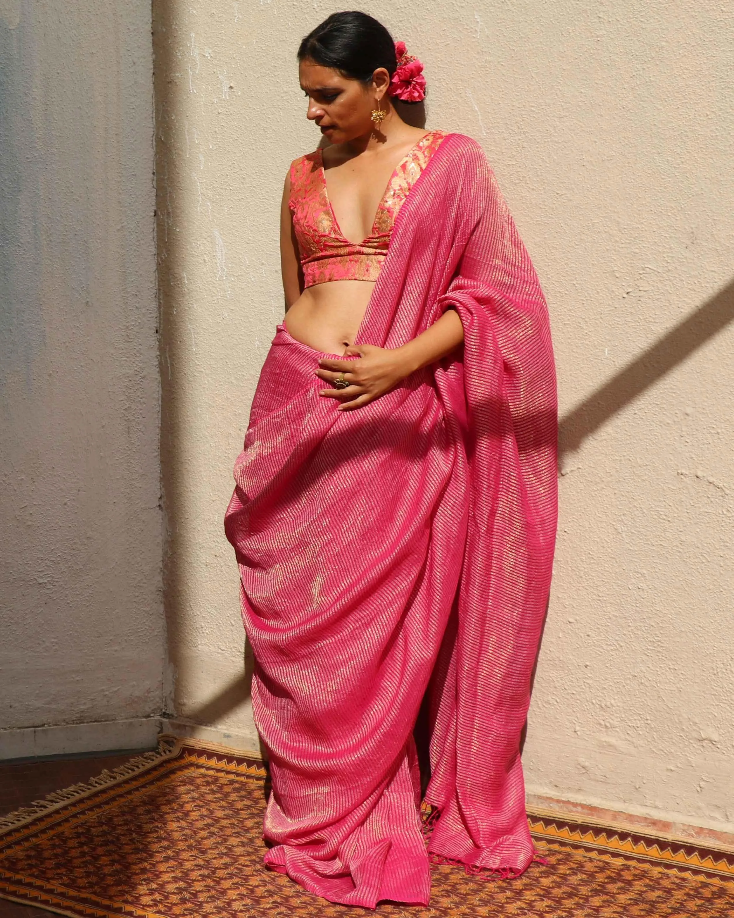 Opal Handwoven Linen Zari Saree - TOG
