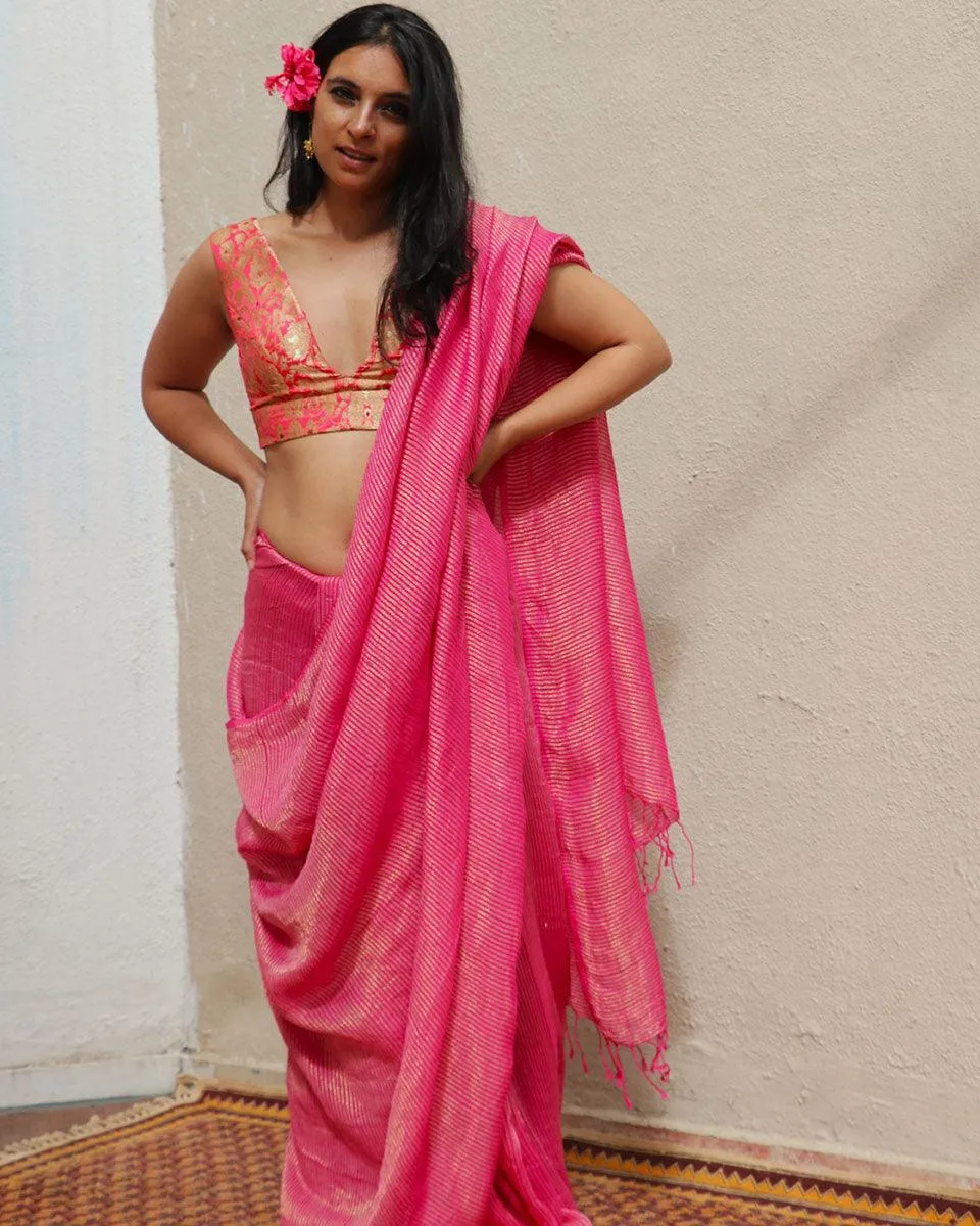 Opal Handwoven Linen Zari Saree - TOG