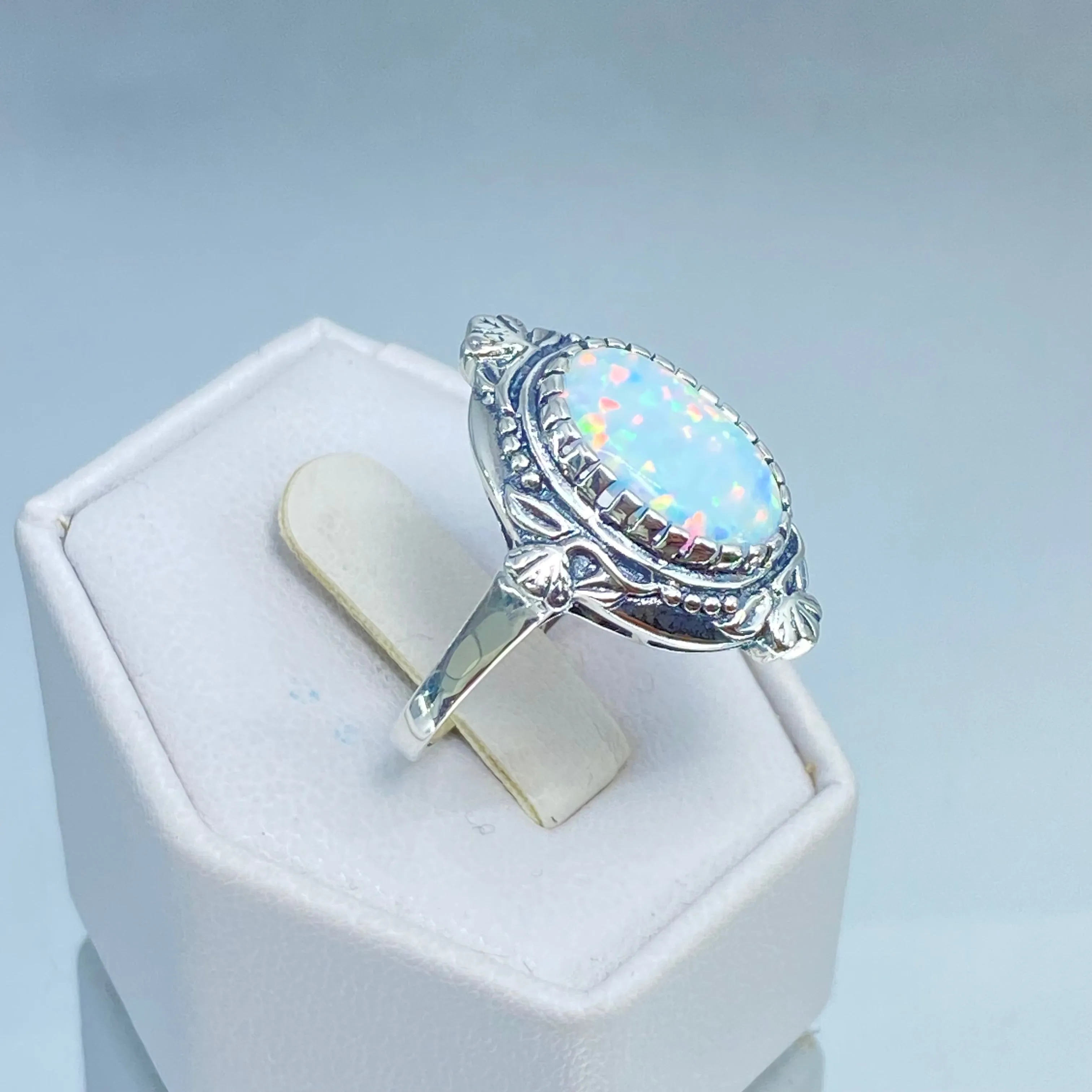 Opal Ring, Size 7, Oval Wreath Filigree Ring - Vintage Art Nouveau Style Ring D74 - Ready to Ship