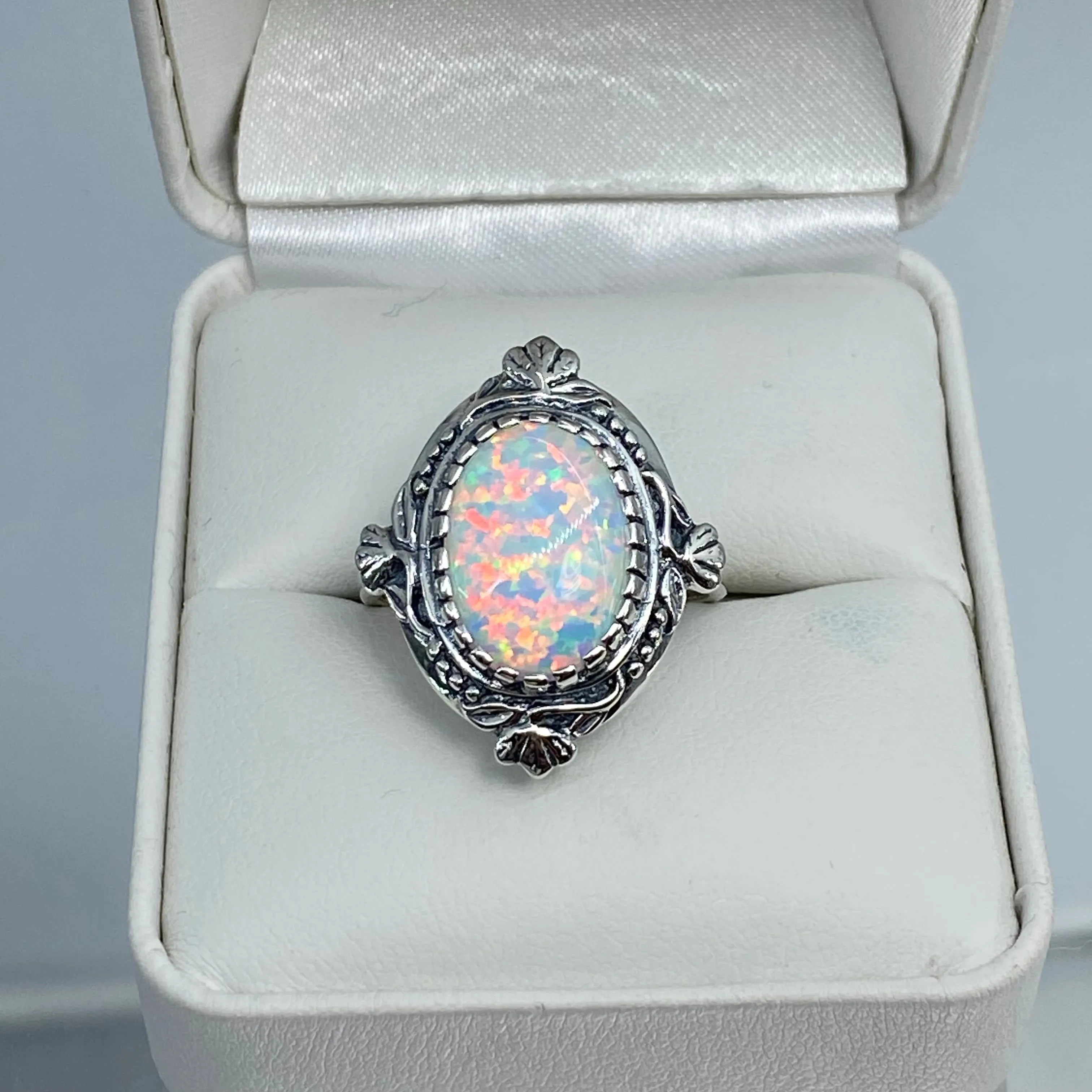 Opal Ring, Size 7, Oval Wreath Filigree Ring - Vintage Art Nouveau Style Ring D74 - Ready to Ship