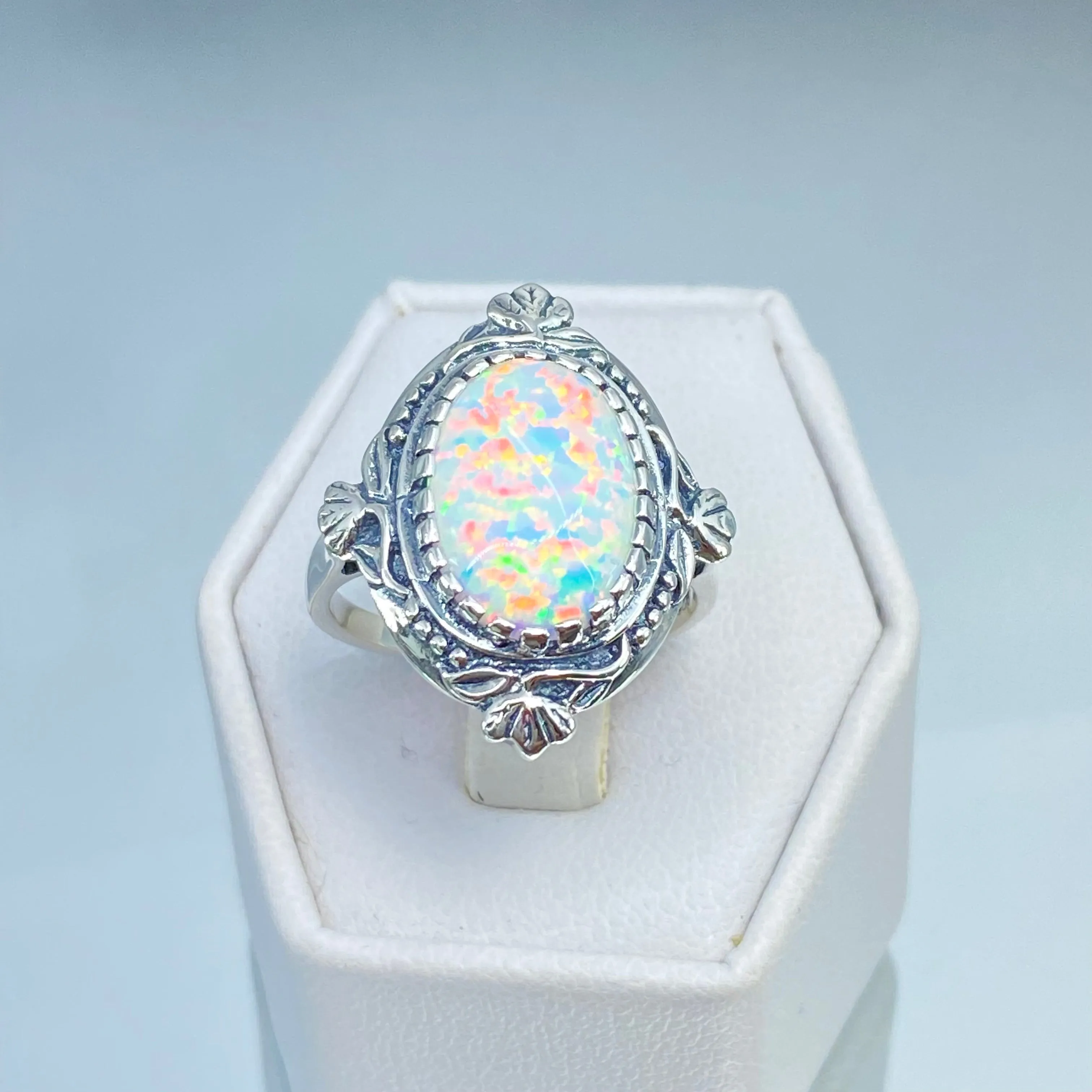 Opal Ring, Size 7, Oval Wreath Filigree Ring - Vintage Art Nouveau Style Ring D74 - Ready to Ship