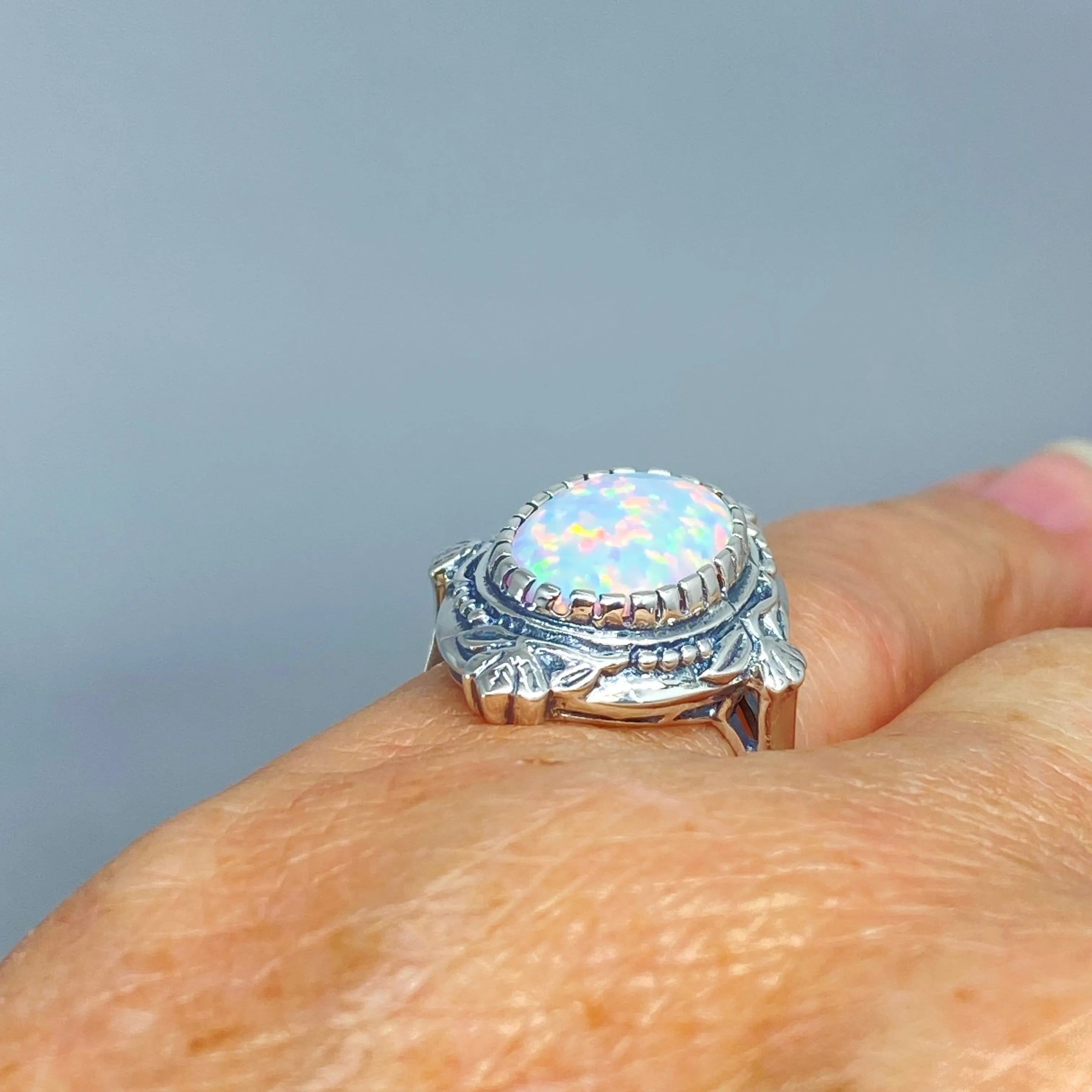 Opal Ring, Size 7, Oval Wreath Filigree Ring - Vintage Art Nouveau Style Ring D74 - Ready to Ship