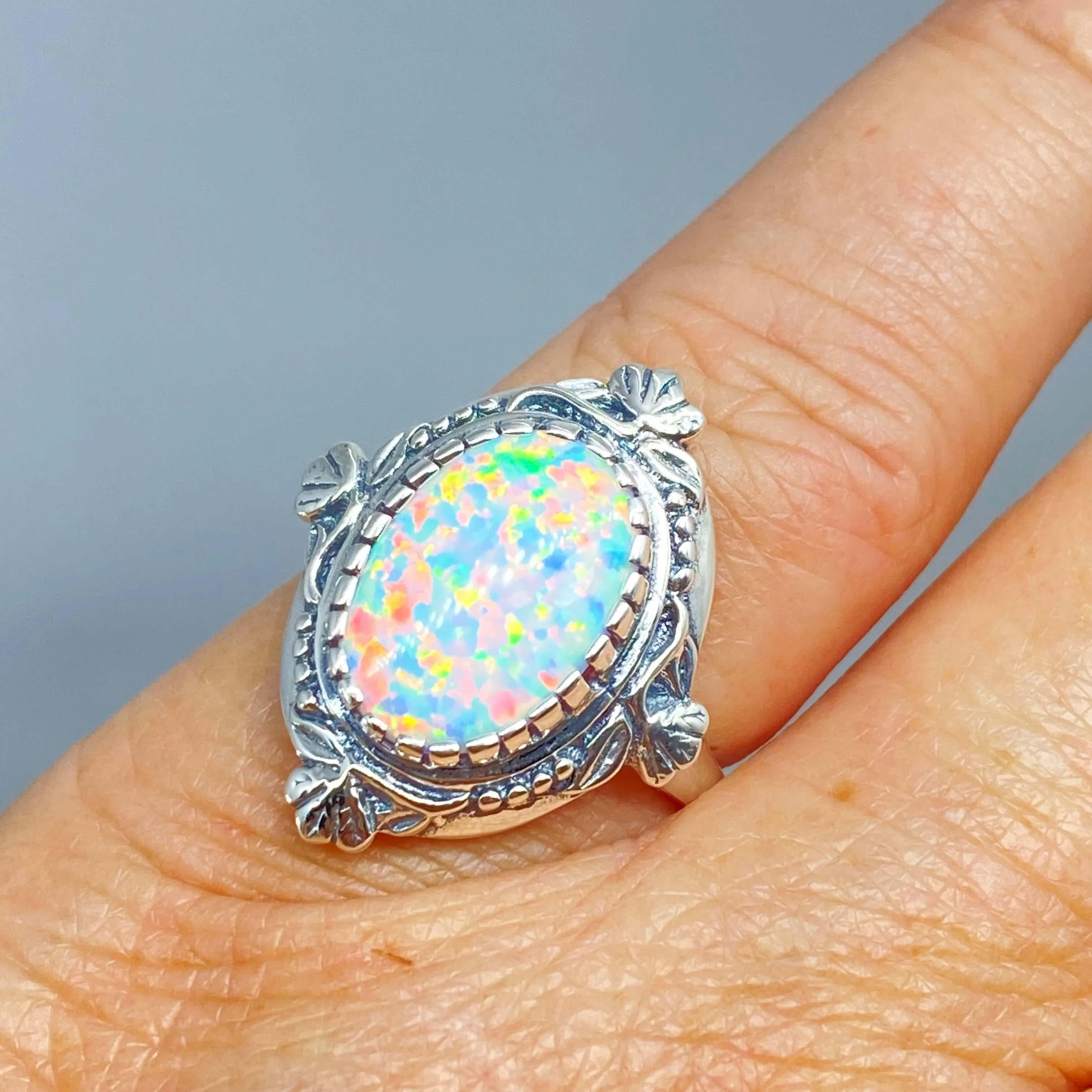 Opal Ring, Size 7, Oval Wreath Filigree Ring - Vintage Art Nouveau Style Ring D74 - Ready to Ship