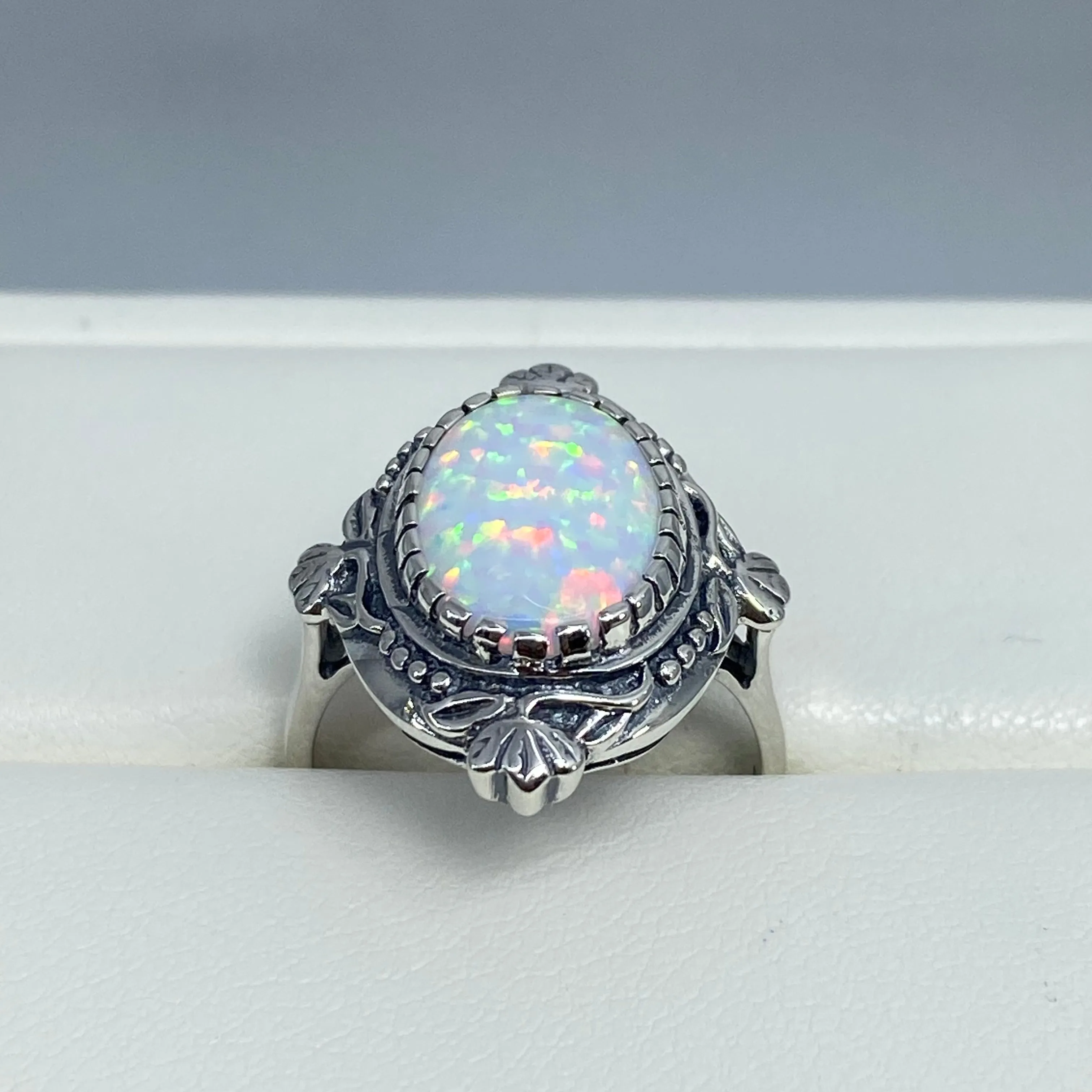 Opal Ring, Size 7, Oval Wreath Filigree Ring - Vintage Art Nouveau Style Ring D74 - Ready to Ship