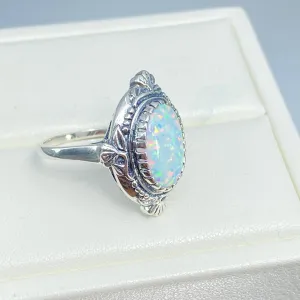 Opal Ring, Size 7, Oval Wreath Filigree Ring - Vintage Art Nouveau Style Ring D74 - Ready to Ship