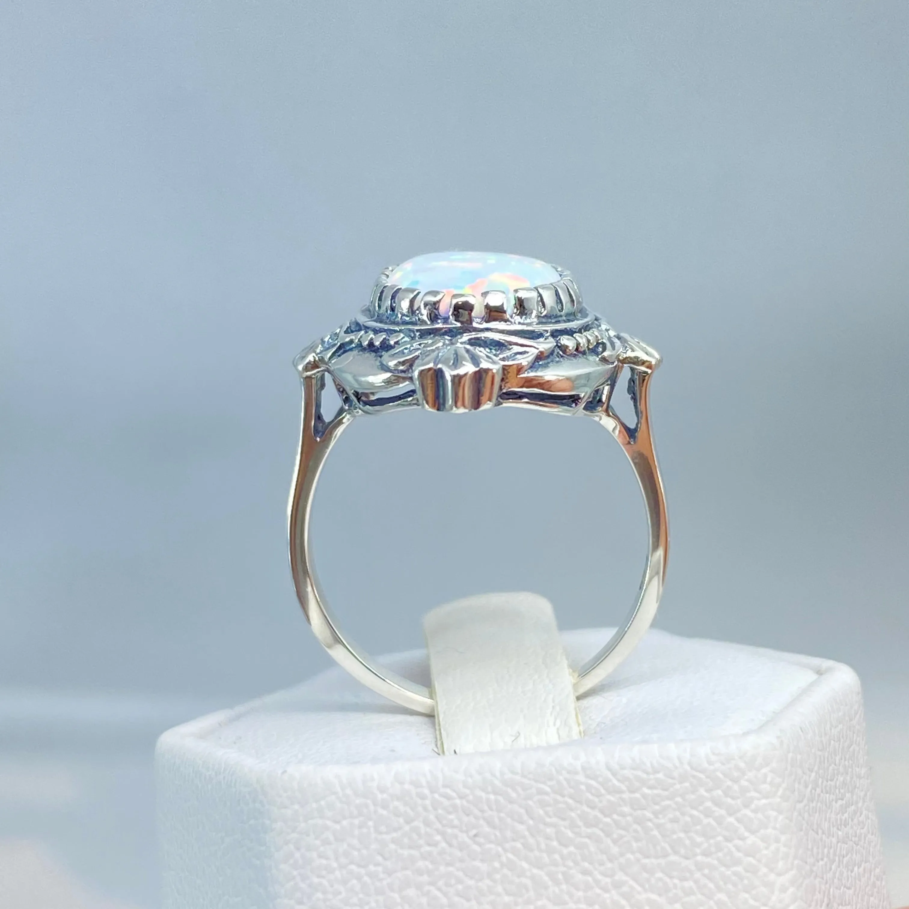 Opal Ring, Size 7, Oval Wreath Filigree Ring - Vintage Art Nouveau Style Ring D74 - Ready to Ship