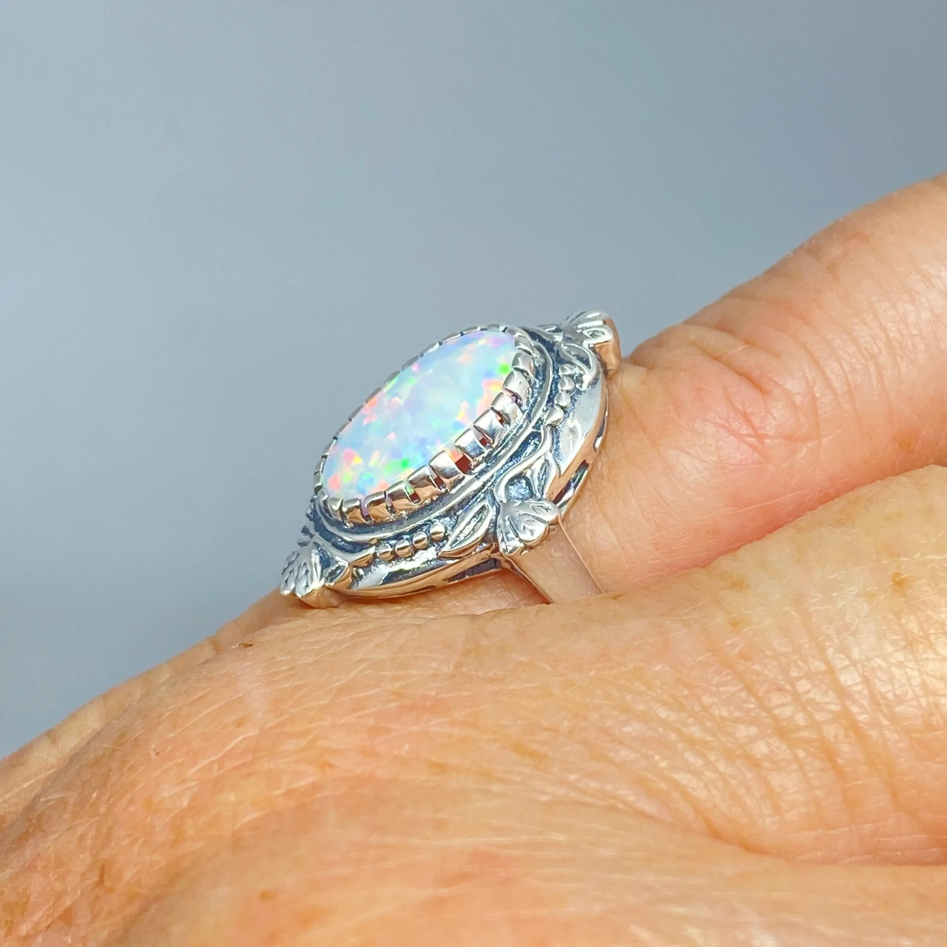 Opal Ring, Size 7, Oval Wreath Filigree Ring - Vintage Art Nouveau Style Ring D74 - Ready to Ship