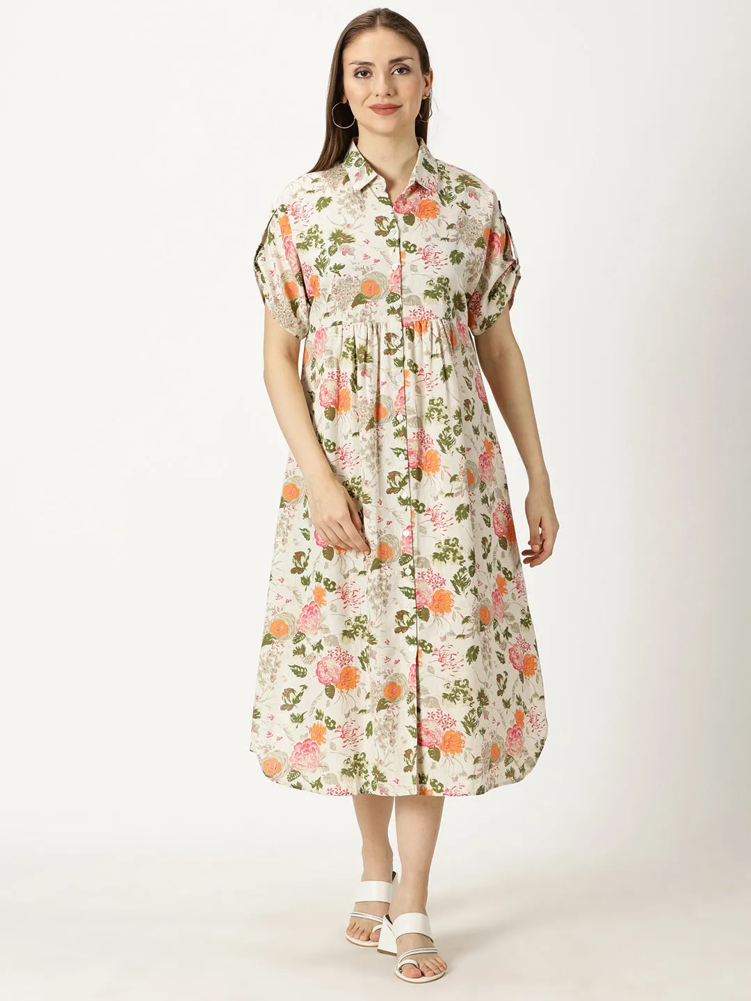 Orange Floral Printed Cotton Flax Dress with Shirt Collar