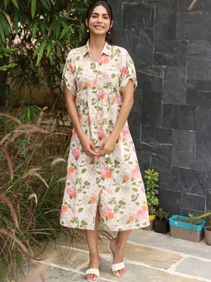 Orange Floral Printed Cotton Flax Dress with Shirt Collar
