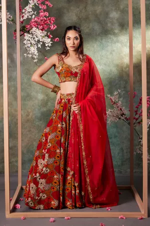 Orange Printed Choli, Lehenga And Dupatta Set With Embroidery