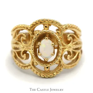 Oval Opal Ring with Open Beaded Scroll Design in 14k Yellow Gold