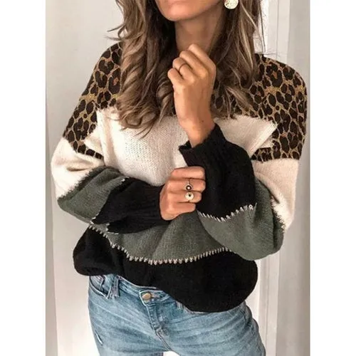 Patchwork Leopard Printed Pullover Sweater