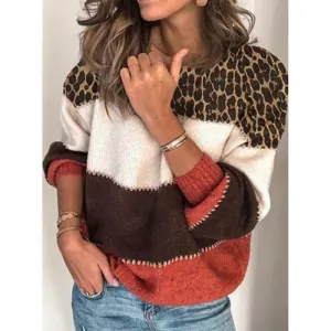 Patchwork Leopard Printed Pullover Sweater