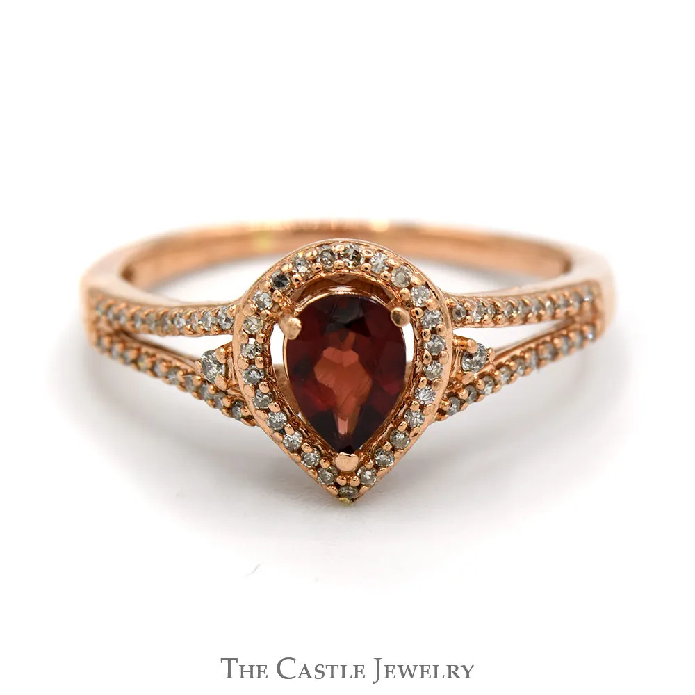 Pear Cut Garnet Ring with Diamond Halo and Accented Split Shank Sides in 10k Rose Gold