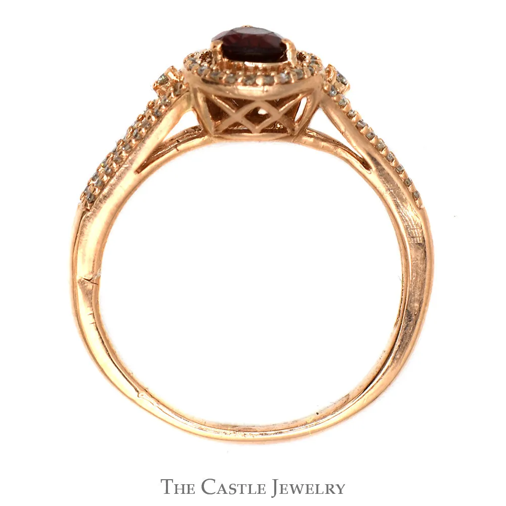 Pear Cut Garnet Ring with Diamond Halo and Accented Split Shank Sides in 10k Rose Gold