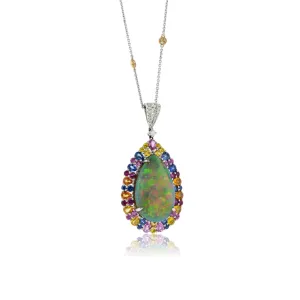 Pear Shaped Opal Cabochon with Sapphire Halo Pendant with Chain