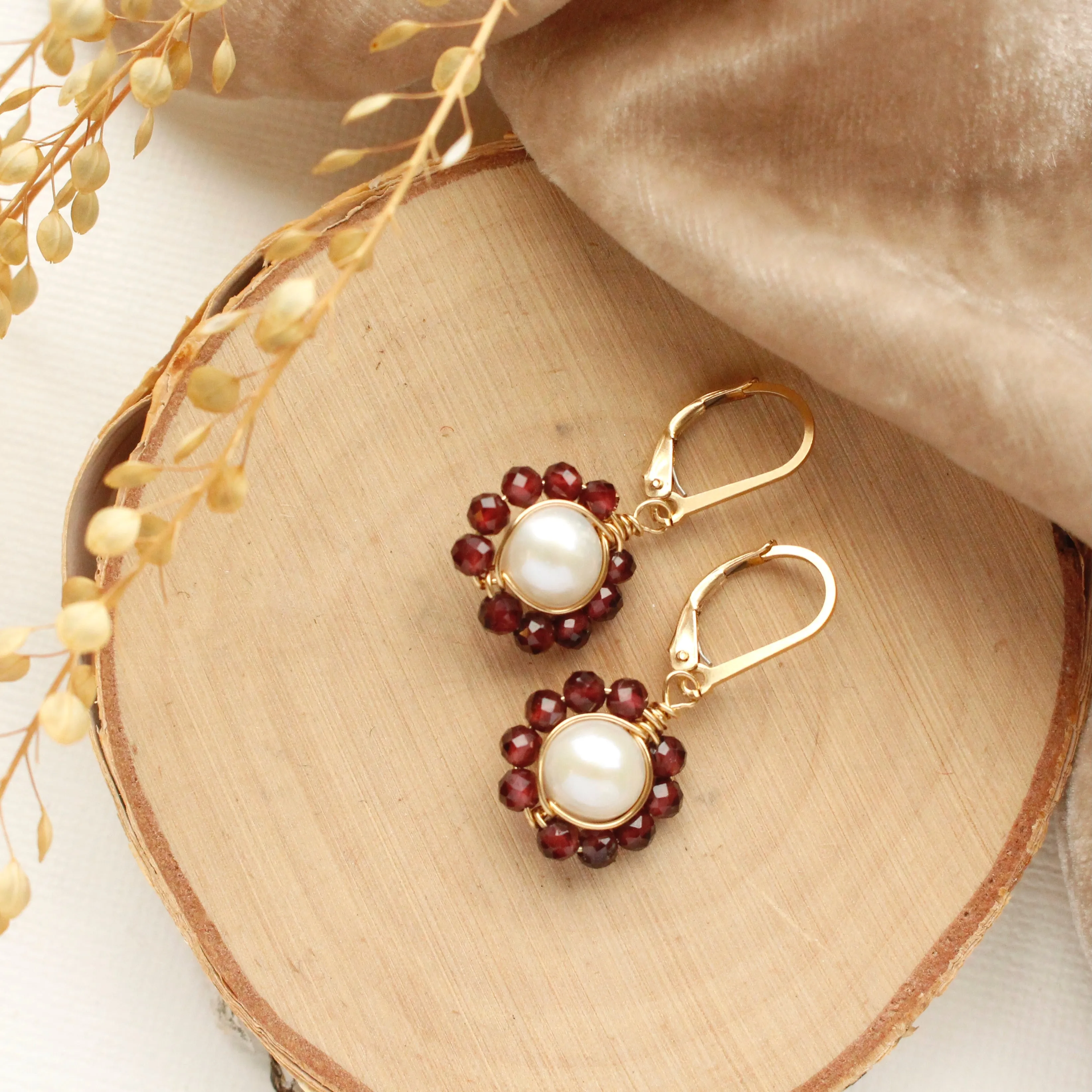Pearl & Garnet Flower Earrings
