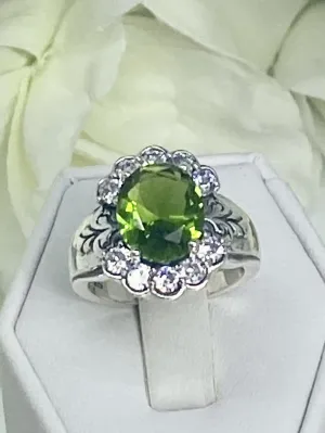 Peridot Ring, Size 6, Simulated Oval Gemstone with White CZ accents, Starburst Victorian Filigree, D419 - Ready to Ship