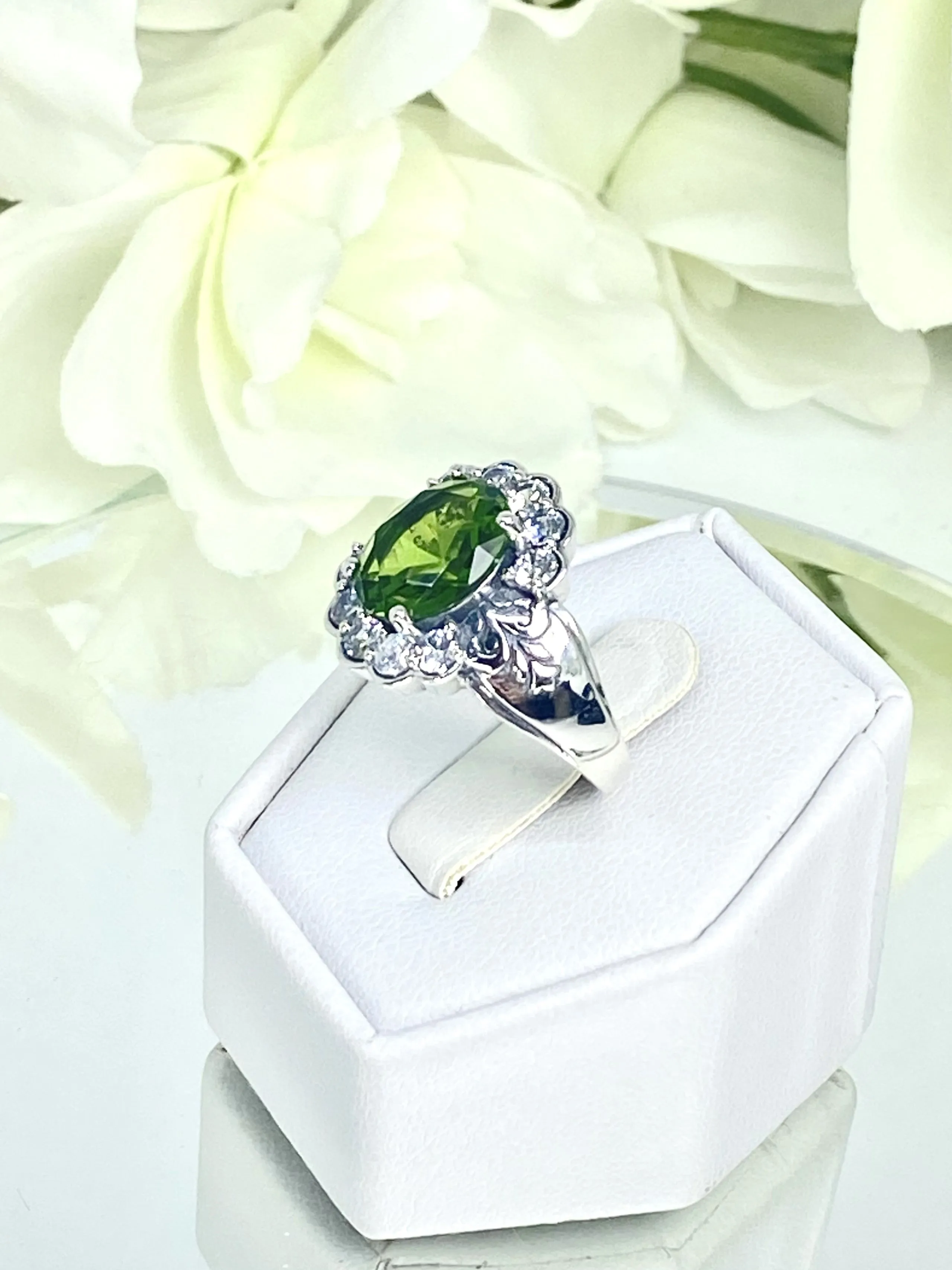 Peridot Ring, Size 6, Simulated Oval Gemstone with White CZ accents, Starburst Victorian Filigree, D419 - Ready to Ship