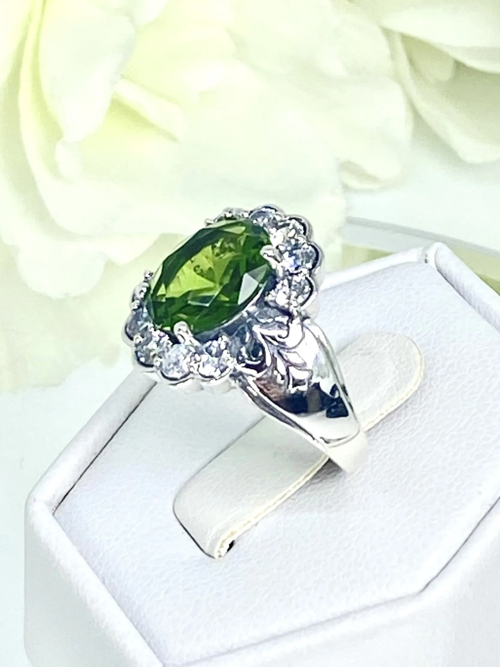 Peridot Ring, Size 6, Simulated Oval Gemstone with White CZ accents, Starburst Victorian Filigree, D419 - Ready to Ship