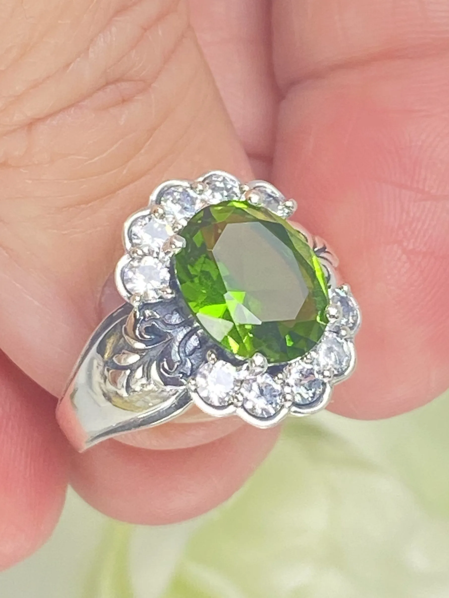 Peridot Ring, Size 6, Simulated Oval Gemstone with White CZ accents, Starburst Victorian Filigree, D419 - Ready to Ship
